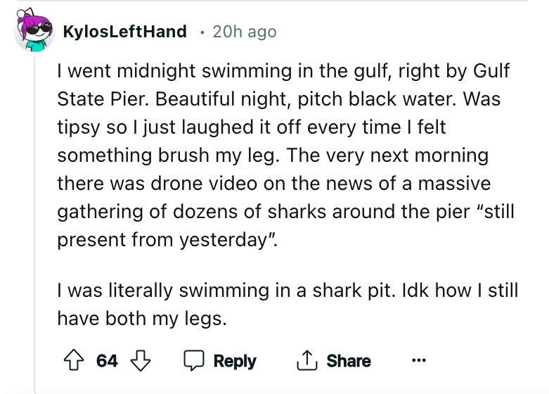 angle - KylosLeftHand 20h ago I went midnight swimming in the gulf, right by Gulf State Pier. Beautiful night, pitch black water. Was tipsy so I just laughed it off every time I felt something brush my leg. The very next morning there was drone video on t
