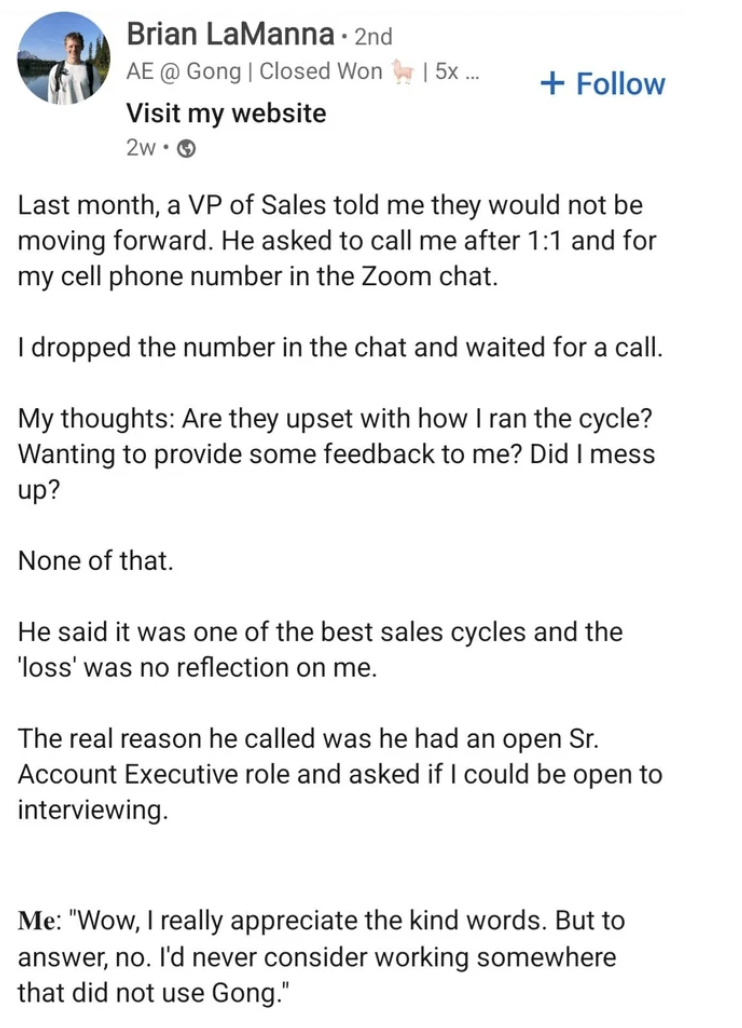 document - Brian LaManna 2nd Ae | Closed Won | 5x... Visit my website 2w. Last month, a Vp of Sales told me they would not be moving forward. He asked to call me after and for my cell phone number in the Zoom chat. I dropped the number in the chat and wai