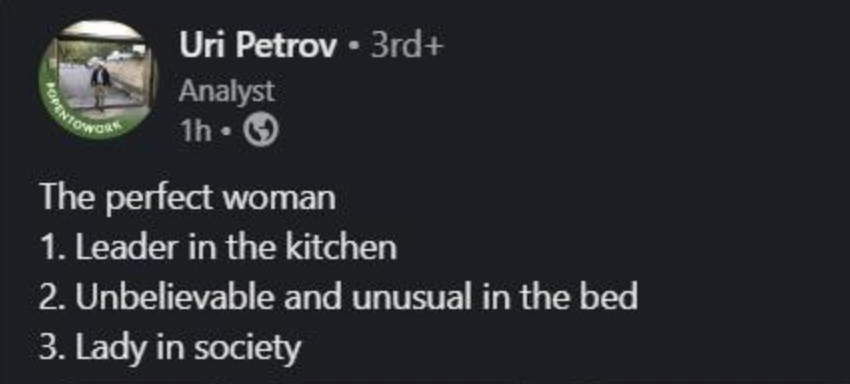 website - Spentowork Uri Petrov 3rd Analyst 1h 3 The perfect woman 1. Leader in the kitchen 2. Unbelievable and unusual in the bed 3. Lady in society