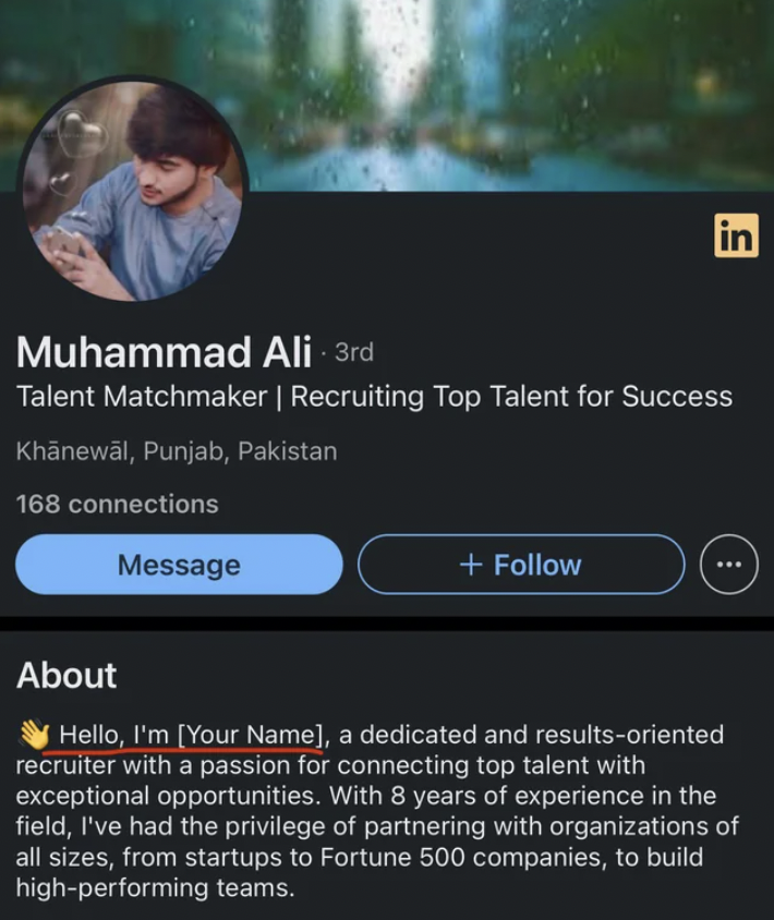 screenshot - in Muhammad Ali 3rd Talent Matchmaker | Recruiting Top Talent for Success Khnewl, Punjab, Pakistan 168 connections Message About Hello, I'm Your Name, a dedicated and resultsoriented recruiter with a passion for connecting top talent with exc