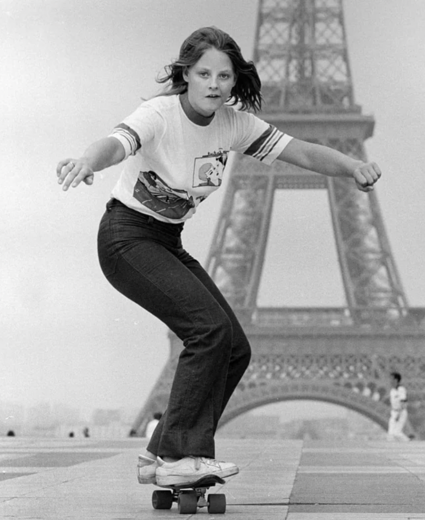 Jodie Foster riding a skateboard in Paris in the 70s.