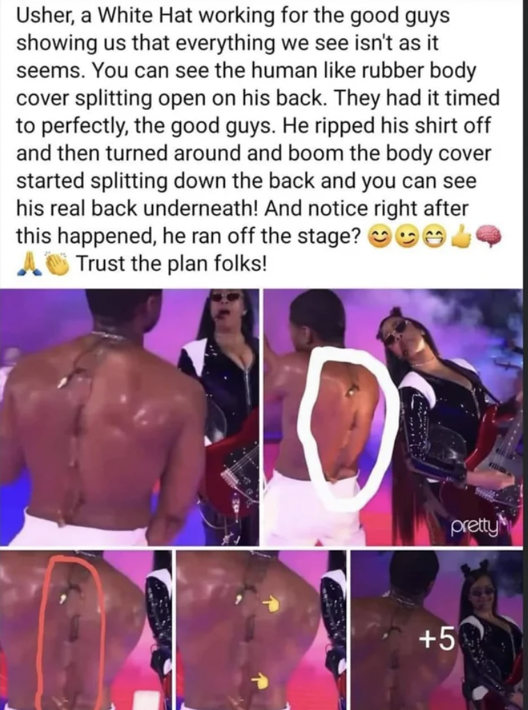 male - Usher, a White Hat working for the good guys showing us that everything we see isn't as it seems. You can see the human rubber body cover splitting open on his back. They had it timed to perfectly, the good guys. He ripped his shirt off and then tu