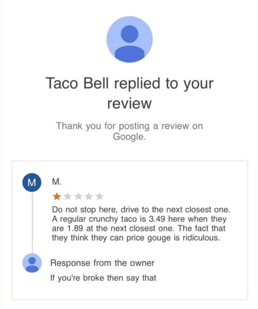 number - Taco Bell replied to your review Thank you for posting a review on Google. M M. Do not stop here, drive to the next closest one. A regular crunchy taco is 3.49 here when they are 1.89 at the next closest one. The fact that they think they can pri