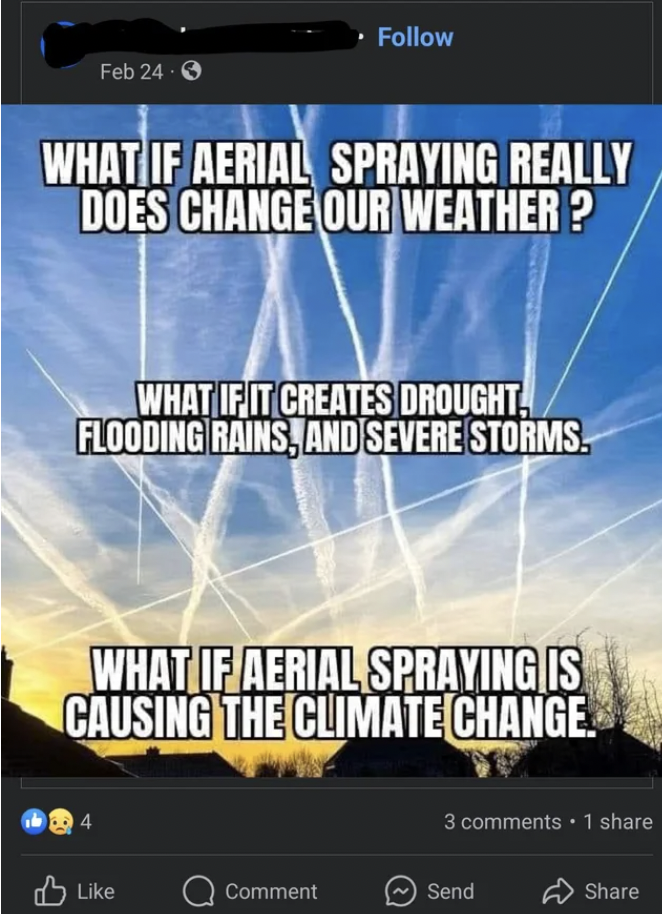 sky - Feb 24 What If Aerial Spraying Really Does Change Our Weather? What If It Creates Drought Flooding Rains, And Severe Storms. What If Aerial Spraying Is Causing The Climate Change 3 1 Comment Send
