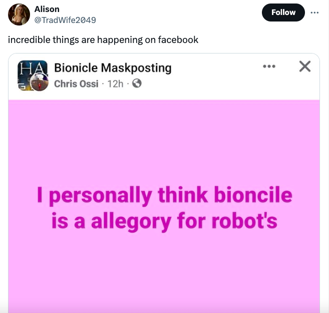 document - Alison incredible things are happening on facebook Ha Bionicle Maskposting Chris Ossi 12h I personally think bioncile is a allegory for robot's