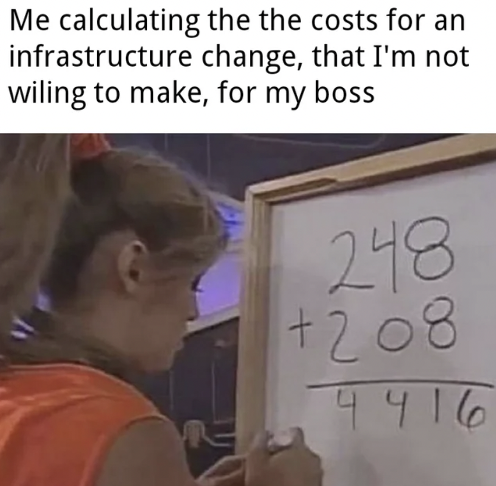 photo caption - Me calculating the the costs for an infrastructure change, that I'm not wiling to make, for my boss 248 268 4416