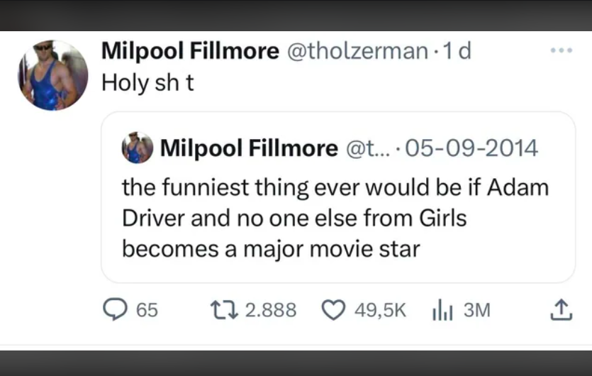 multimedia - Milpool Fillmore 1d Holy sh t Milpool Fillmore ... 05092014 . the funniest thing ever would be if Adam Driver and no one else from Girls becomes a major movie star 65 17 2.888 3M