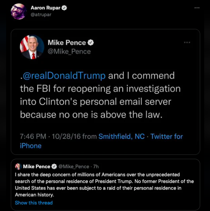 screenshot - Aaron Rupar Mike Pence . and I commend the Fbi for reopening an investigation into Clinton's personal email server because no one is above the law. 102816 from Smithfield, Nc Twitter for iPhone 202 Mike Pence Pence 7h I the deep concern of mi