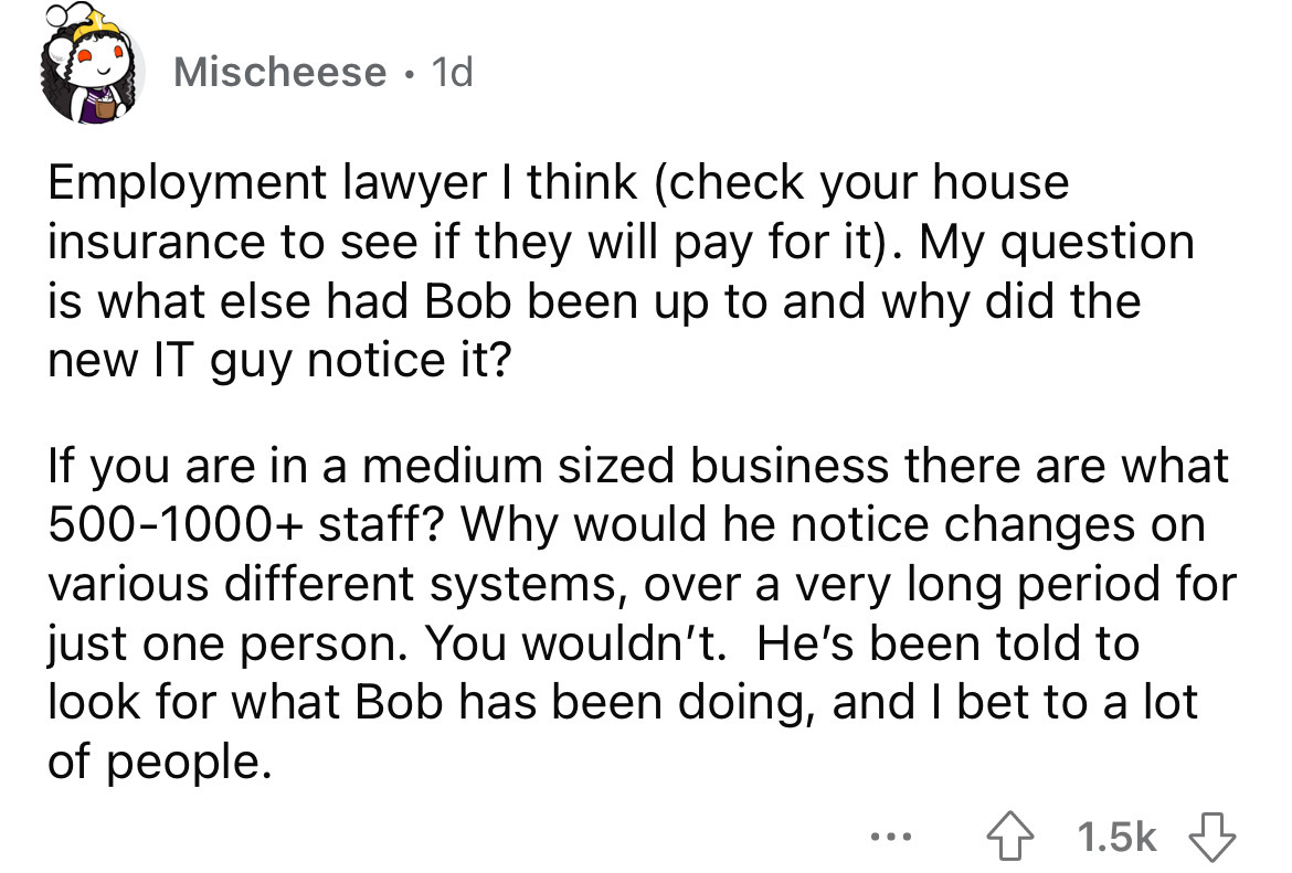 angle - Mischeese 1d . Employment lawyer I think check your house insurance to see if they will pay for it. My question is what else had Bob been up to and why did the new It guy notice it? If you are in a medium sized business there are what 5001000 staf
