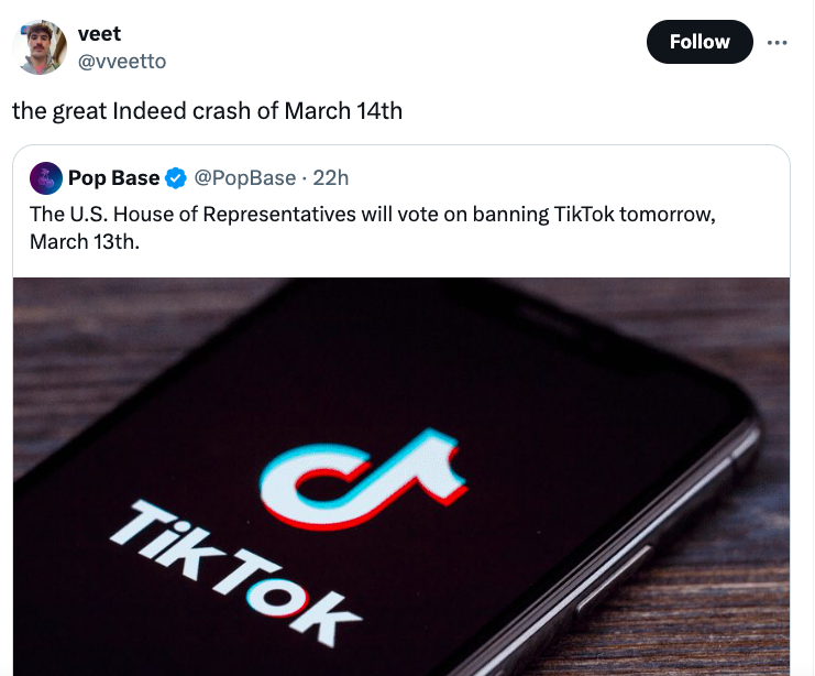smartphone - veet the great Indeed crash of March 14th Pop Base 22h The U.S. House of Representatives will vote on banning TikTok tomorrow, March 13th. Tik Tok