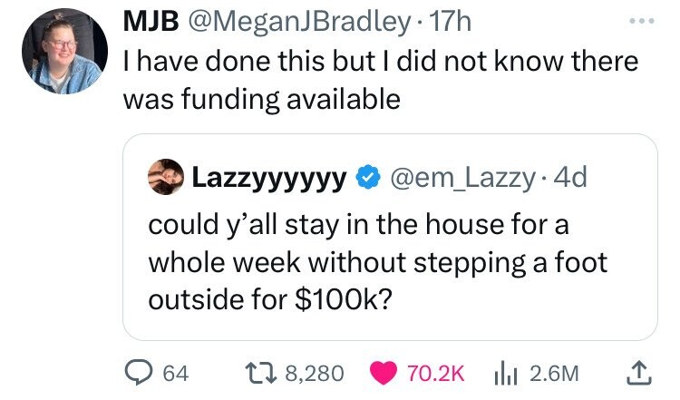 angle - Mjb 17h I have done this but I did not know there was funding available Lazzyyyyyy . 4d could y'all stay in the house for a whole week without stepping a foot outside for $? 64 18,280 2.6M