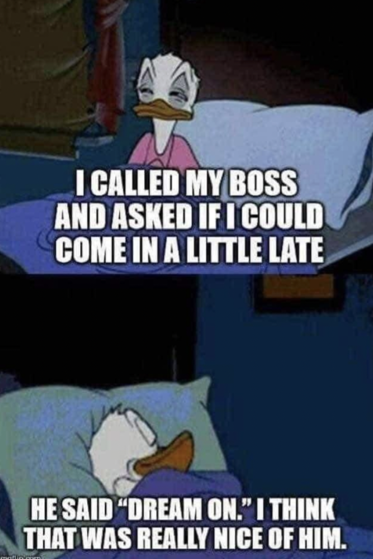 management memes funny - I Called My Boss And Asked If I Could Come In A Little Late He Said "Dream On." I Think That Was Really Nice Of Him.