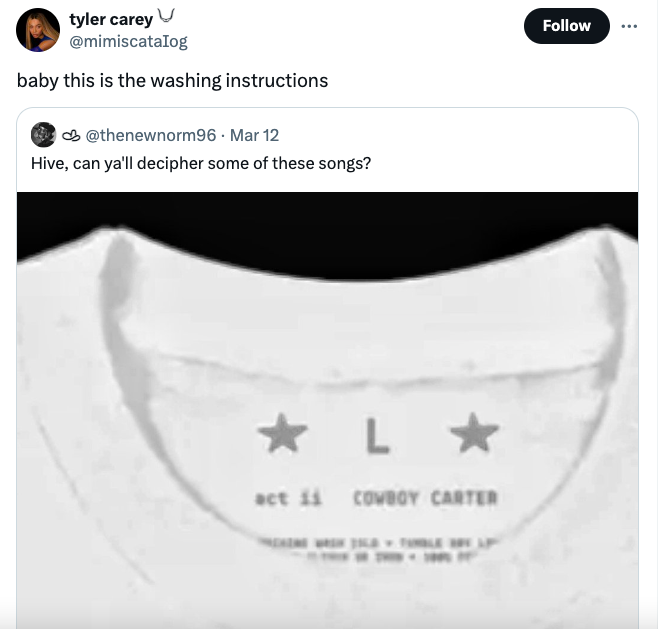 screenshot - tyler carey baby this is the washing instructions Mar 12 Hive, can ya'll decipher some of these songs? L act 11 Cowboy Carter