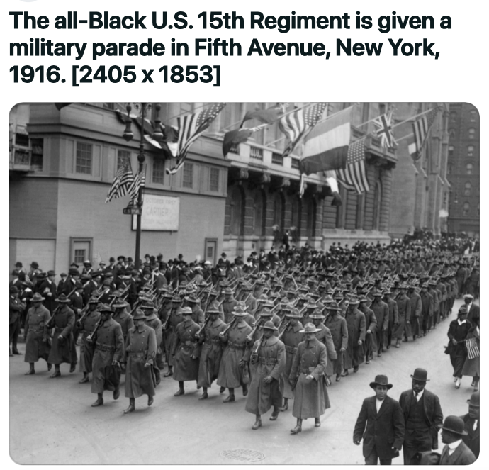 troop - The allBlack U.S. 15th Regiment is given a military parade in Fifth Avenue, New York, 1916. 2405 x 1853