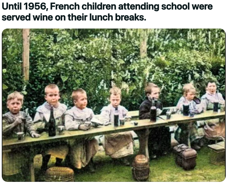 french kids drinking wine at school - Until 1956, French children attending school were served wine on their lunch breaks.