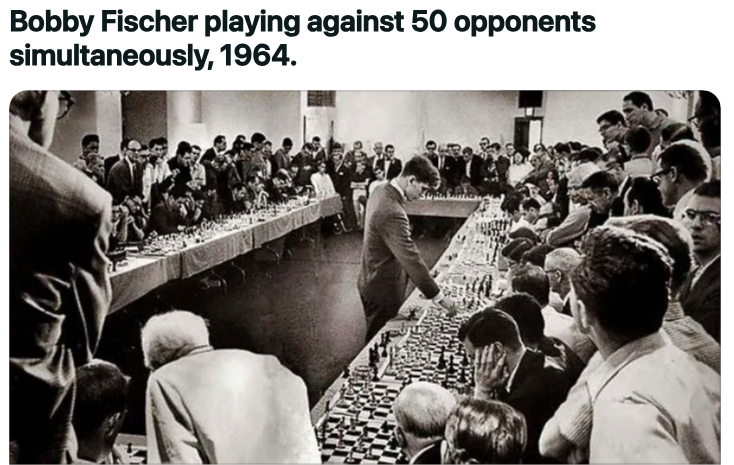bobby fischer vs 50 - Bobby Fischer playing against 50 opponents simultaneously, 1964.