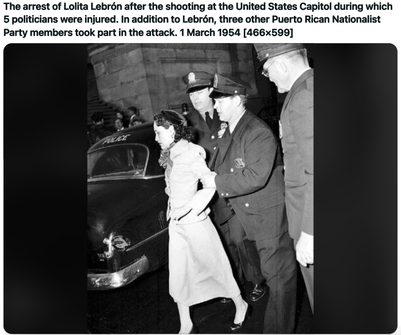 lolita lebron arrest - The arrest of Lolita Lebrn after the shooting at the United States Capitol during which 5 politicians were injured. In addition to Lebrn, three other Puerto Rican Nationalist Party members took part in the attack. 466599 Police