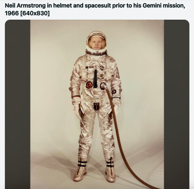 visual arts - Neil Armstrong in helmet and spacesuit prior to his Gemini mission, 1966 640x830