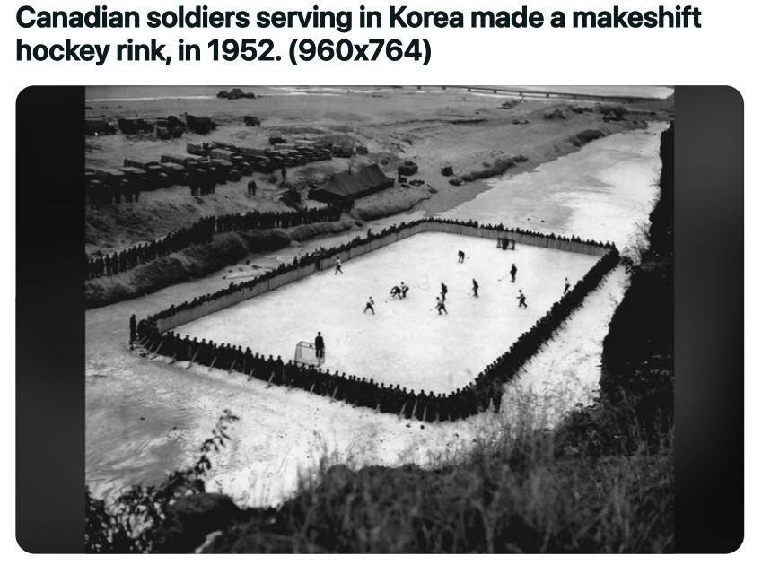 monochrome - Canadian soldiers serving in Korea made a makeshift hockey rink, in 1952. 960x764