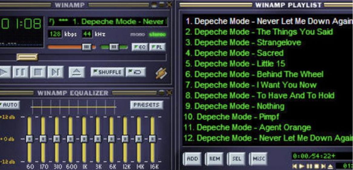 screenshot - Winamp 1. Depeche Mode Never 0 128 kbps 44 kHz Auto 12 db Odb Na Shuffle Winamp Equalizer mono stre Eopl Presets 1000001 Lllll Winamp Playlist 1. Depeche Mode Never Let Me Down Again 2. Depeche Mode The Things You Said 3. Depeche Mode Strange