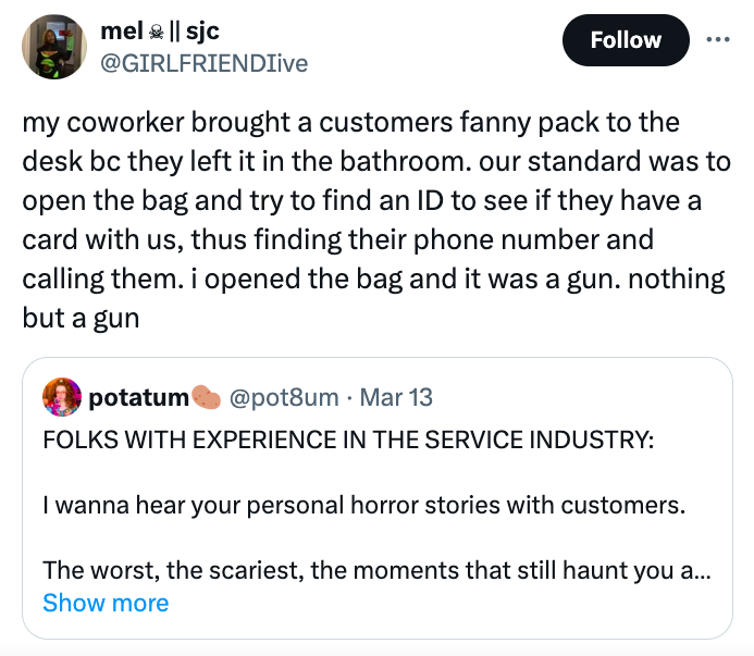 screenshot - mel &|| sjc my coworker brought a customers fanny pack to the desk bc they left it in the bathroom. our standard was to open the bag and try to find an Id to see if they have a card with us, thus finding their phone number and calling them. i