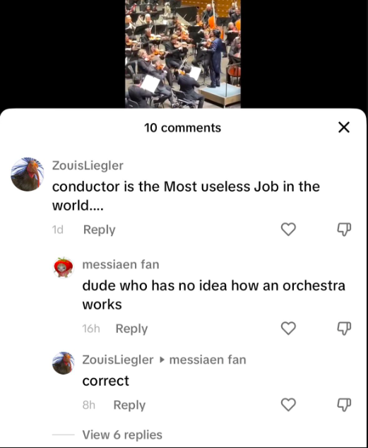 screenshot - ZouisLiegler 10 conductor is the Most useless Job in the world.... 1d messiaen fan dude who has no idea how an orchestra works 16h ZouisLiegler messiaen fan correct 8h View 6 replies