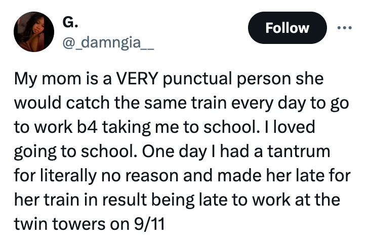 screenshot - G. My mom is a Very punctual person she would catch the same train every day to go to work b4 taking me to school. I loved going to school. One day I had a tantrum for literally no reason and made her late for her train in result being late t