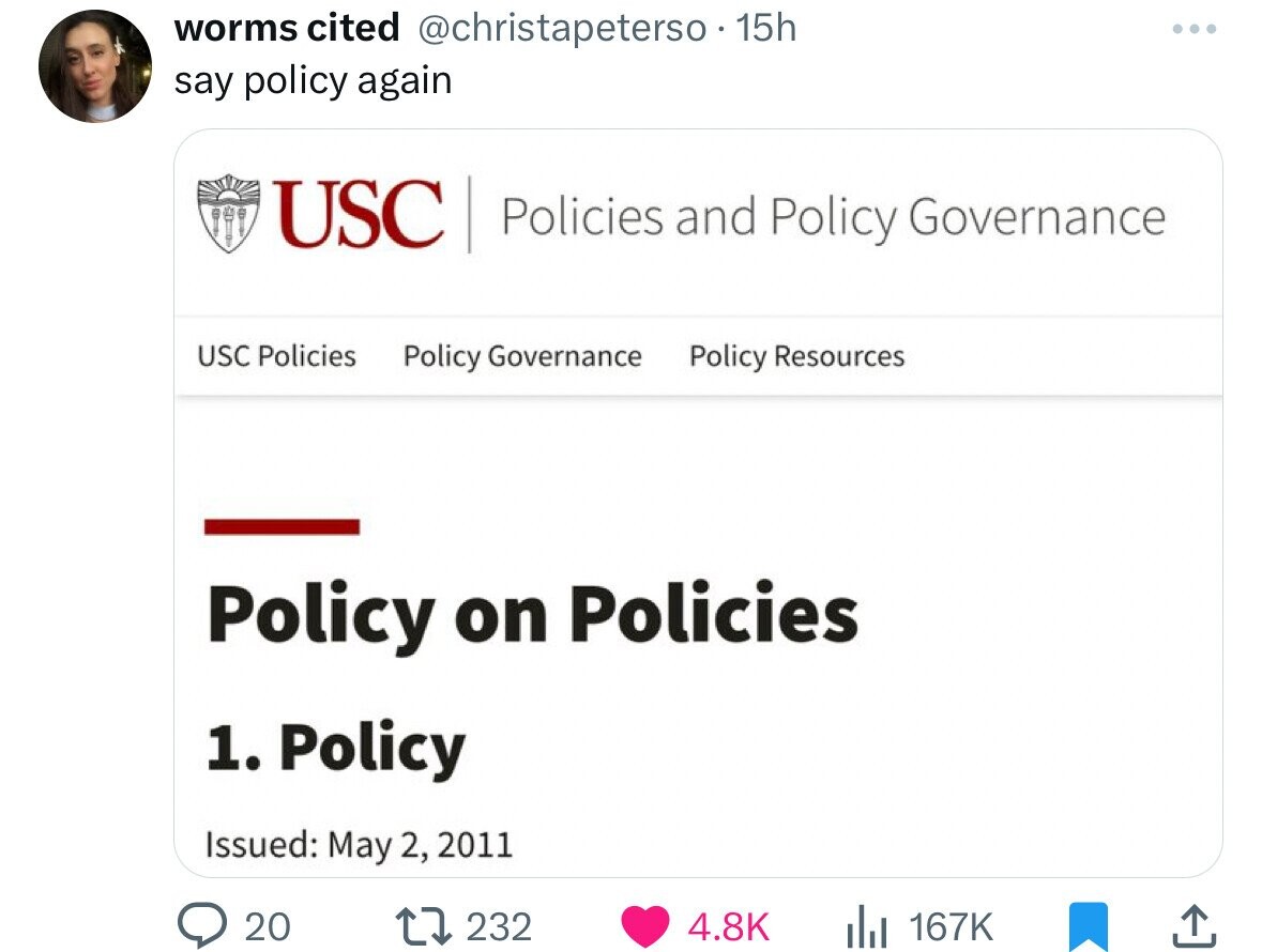 screenshot - worms cited . 15h say policy again Usc Policies and Policy Governance Usc Policies Policy Governance Policy Resources Policy on Policies 1. Policy Issued 20 17232 Ill I