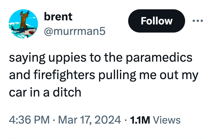 diagram - brent saying uppies to the paramedics and firefighters pulling me out my car in a ditch 1.1M Views