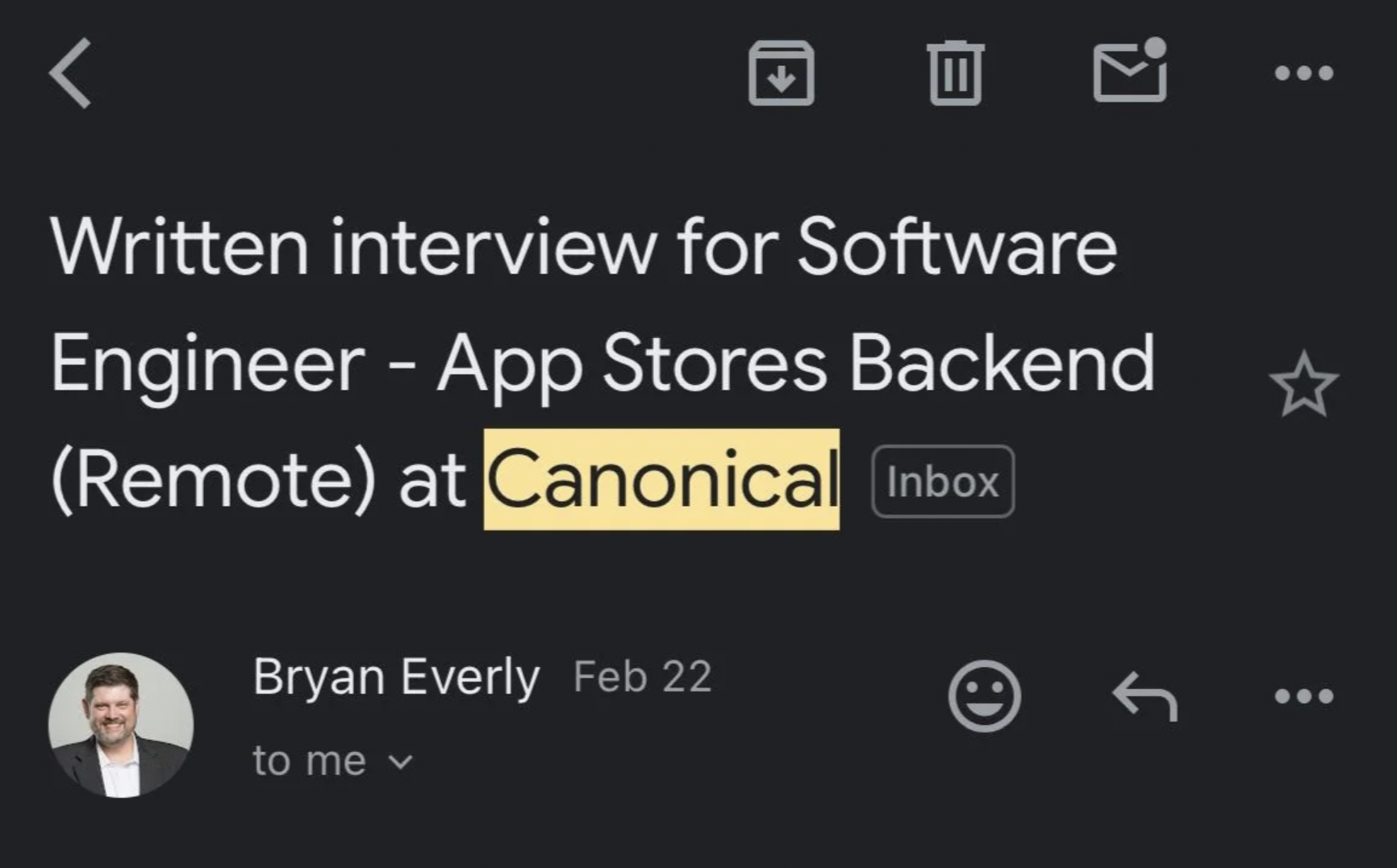 screenshot - Written interview for Software Engineer App Stores Backend Remote at Canonical Inbox Bryan Everly Feb 22 to me