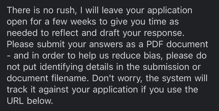 colorfulness - There is no rush, I will leave your application open for a few weeks to give you time as needed to reflect and draft your response. Please submit your answers as a Pdf document and in order to help us reduce bias, please do not put identify