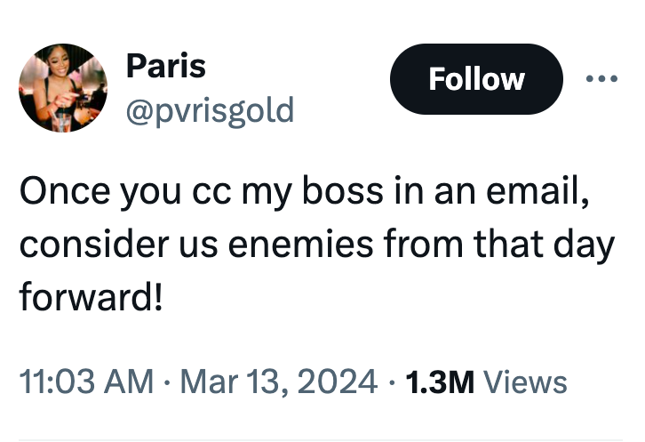 screenshot - Paris Once you cc my boss in an email, consider us enemies from that day forward! 1.3M Views