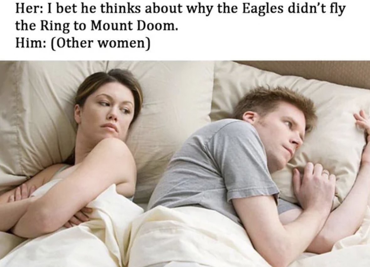 bedtime - Her I bet he thinks about why the Eagles didn't fly the Ring to Mount Doom. Him Other women