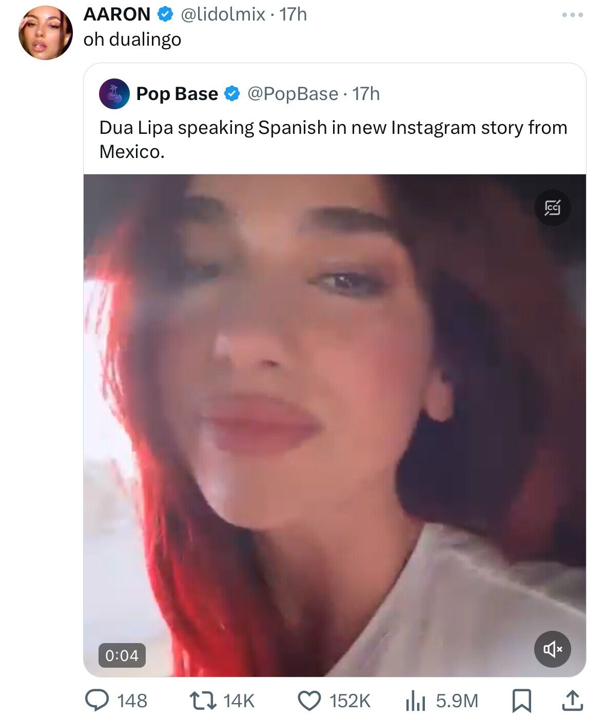screenshot - Aaron 17h oh dualingo Pop Base 17h Dua Lipa speaking Spanish in new Instagram story from Mexico. l 5.9M 1 ...