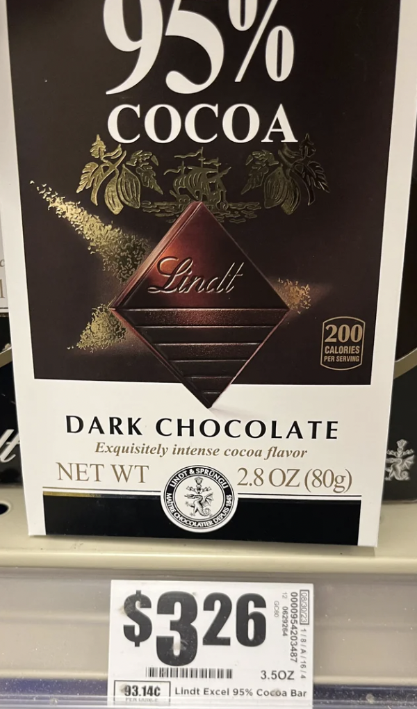 lindt dark chocolate - 95% Cocoa Lindt 200 Calories Dark Chocolate Exquisitely intense cocoa flavor Net Wt 2.8 Oz 80g $326 3.50Z 0000954203481 93.14c Lindt Excel 95% Codba Bar