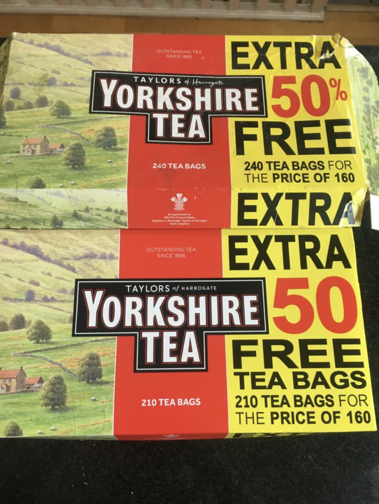 shrinkflation tea - Extra Yorkshire 50% Tea Free 240 Tea Bags Taylors Harrogate 240 Tea Bags For The Price Of 160 Extra Extra Yorkshire 50 Tea Free 210 Tea Bags Tea Bags 210 Tea Bags For The Price Of 160