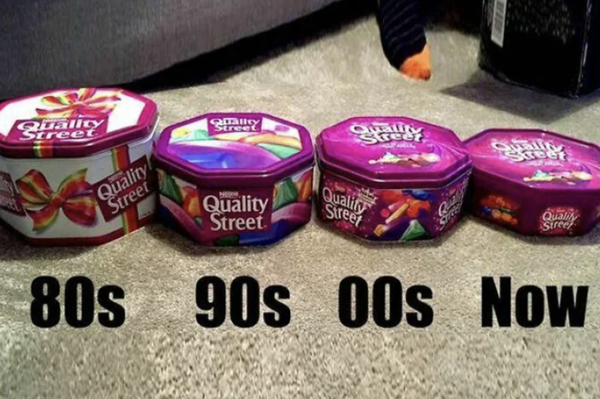 quality street tins over the years - Quality Street Quality Street Quality Steer 80s Quality Street Qualify Street Quali Stree 90s 00s Now