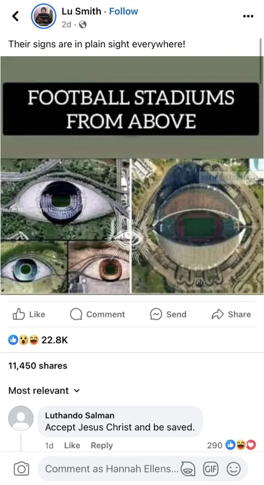 stadiums look like eyes - Lu Smith 2d Their signs are in plain sight everywhere! Football Stadiums From Above 11,450 Most relevant Comment Send Luthando Salman Accept Jesus Christ and be saved. 1d Comment as Hannah Ellens... 290 Oo