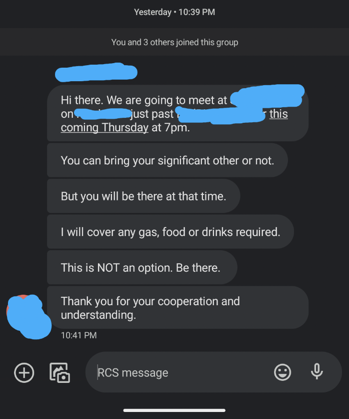 screenshot - Yesterday You and 3 others joined this group Hi there. We are going to meet at on just past coming Thursday at 7pm. r this You can bring your significant other or not. But you will be there at that time. I will cover any gas, food or drinks r
