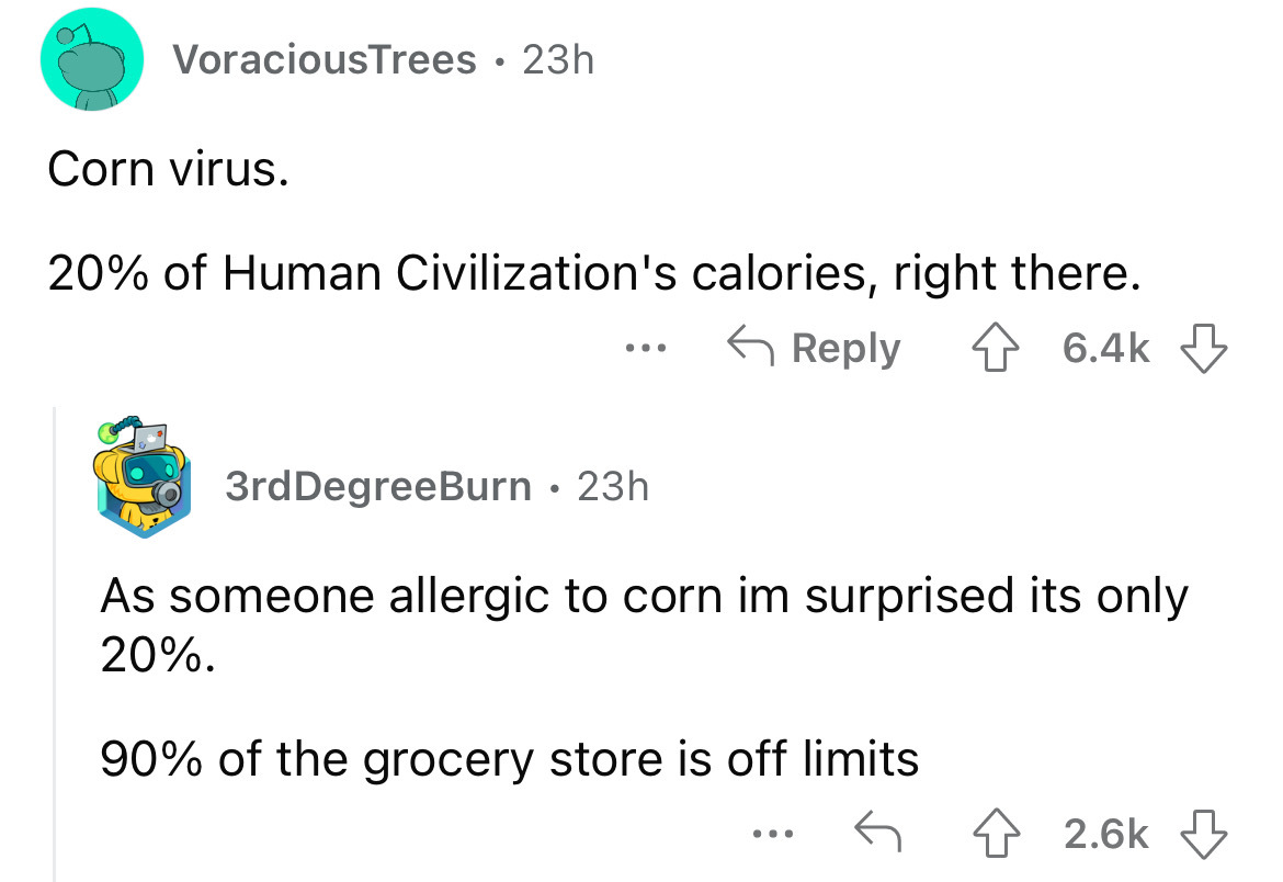 screenshot - VoraciousTrees 23h Corn virus. 20% of Human Civilization's calories, right there. 3rd DegreeBurn 23h As someone allergic to corn im surprised its only 20%. 90% of the grocery store is off limits