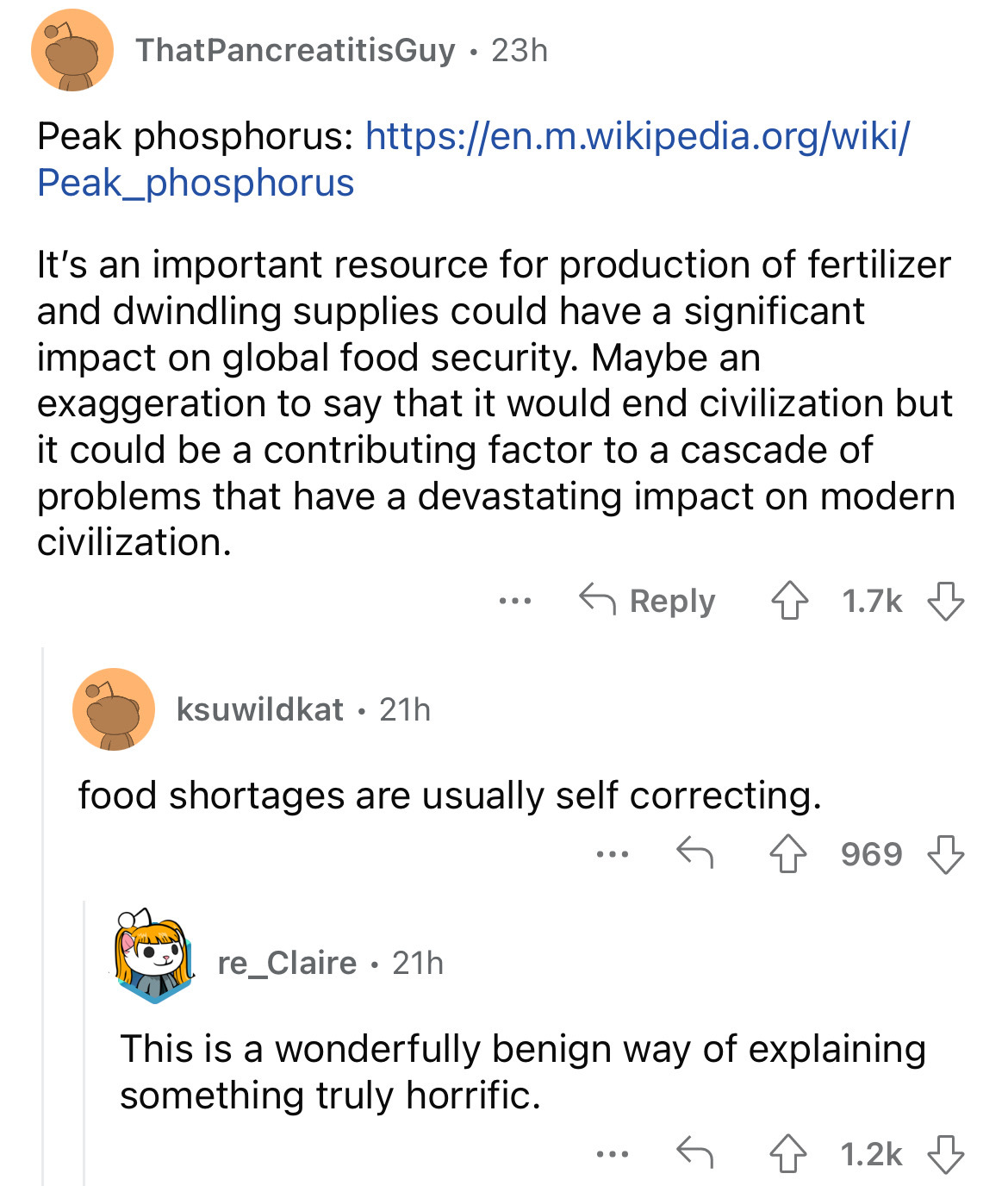 screenshot - ThatPancreatitisGuy 23h . Peak phosphorus Peak_phosphorus It's an important resource for production of fertilizer and dwindling supplies could have a significant impact on global food security. Maybe an exaggeration to say that it would end c