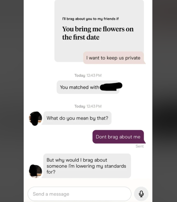 screenshot - I'll brag about you to my friends if You bring me flowers on the first date I want to keep us private Today You matched with Today What do you mean by that? Dont brag about me Sent But why would I brag about someone I'm lowering my standards 