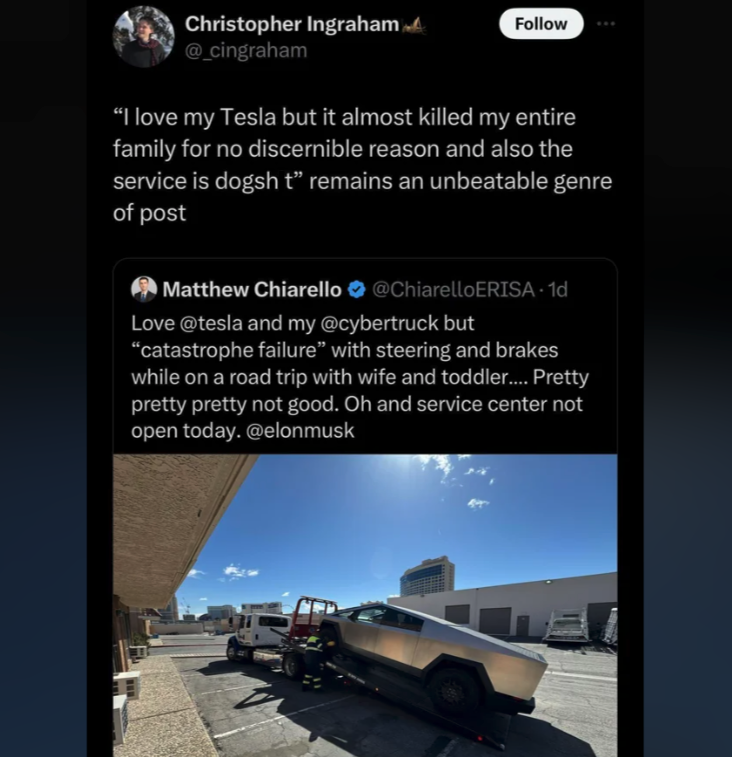 screenshot - Christopher Ingraham "I love my Tesla but it almost killed my entire family for no discernible reason and also the service is dogsh t remains an unbeatable genre of post Matthew Chiarello Love and my but "catastrophe failure" with steering an