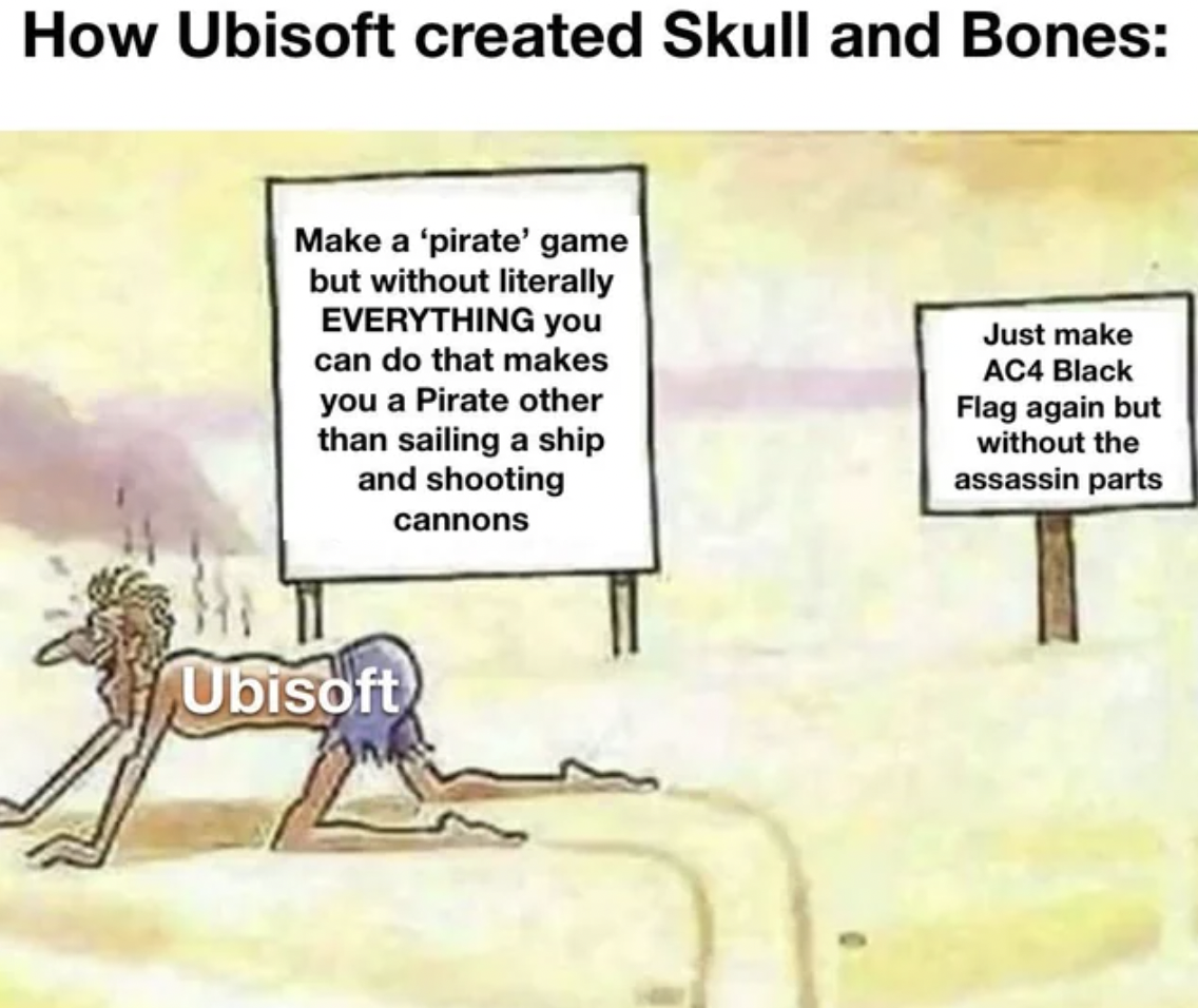 cartoon - How Ubisoft created Skull and Bones Make a 'pirate' game but without literally Everything you can do that makes you a Pirate other than sailing a ship and shooting cannons Just make AC4 Black Flag again but without the assassin parts Ubisoft
