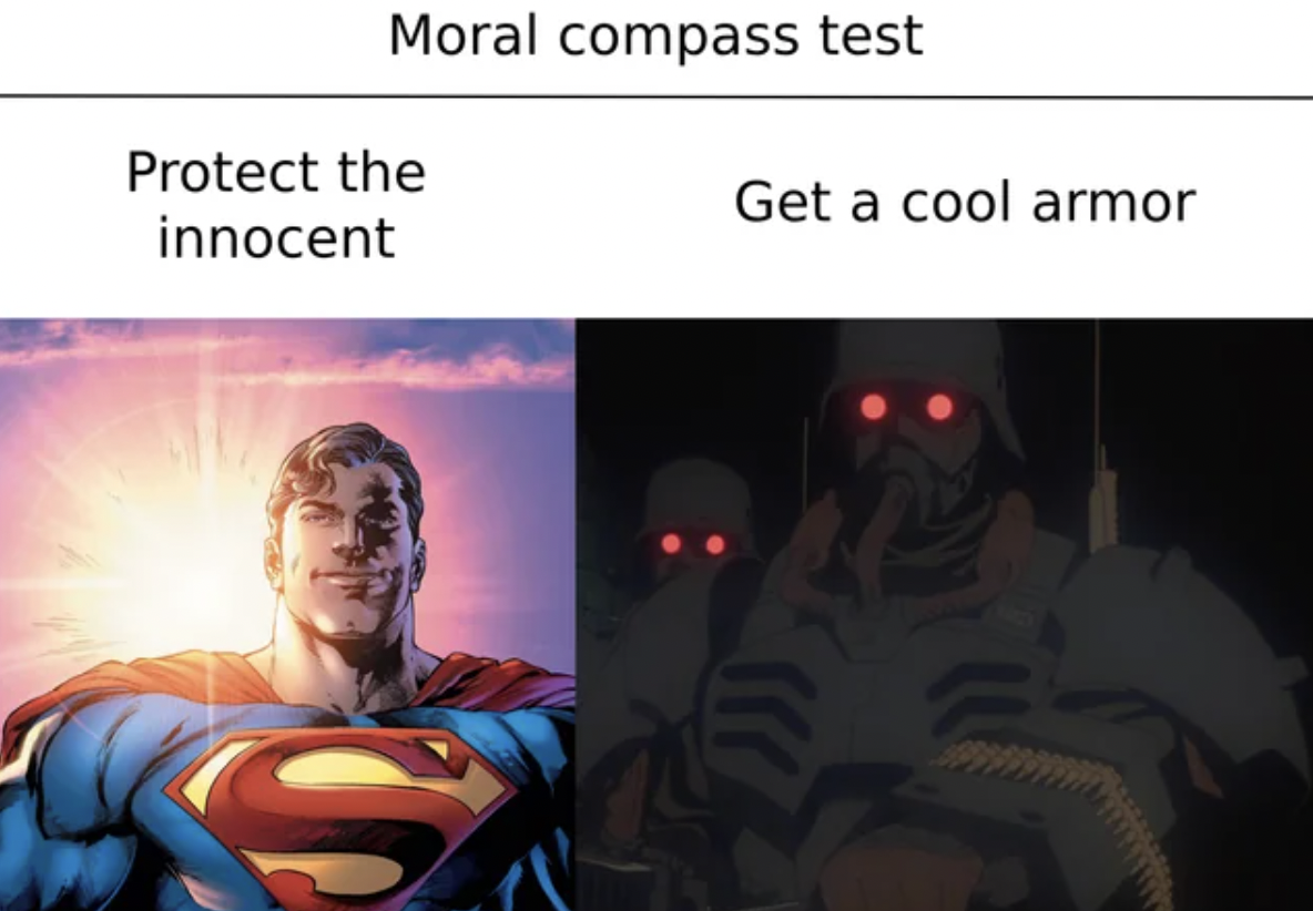 superman cosmics - Moral compass test Protect the innocent Get a cool armor