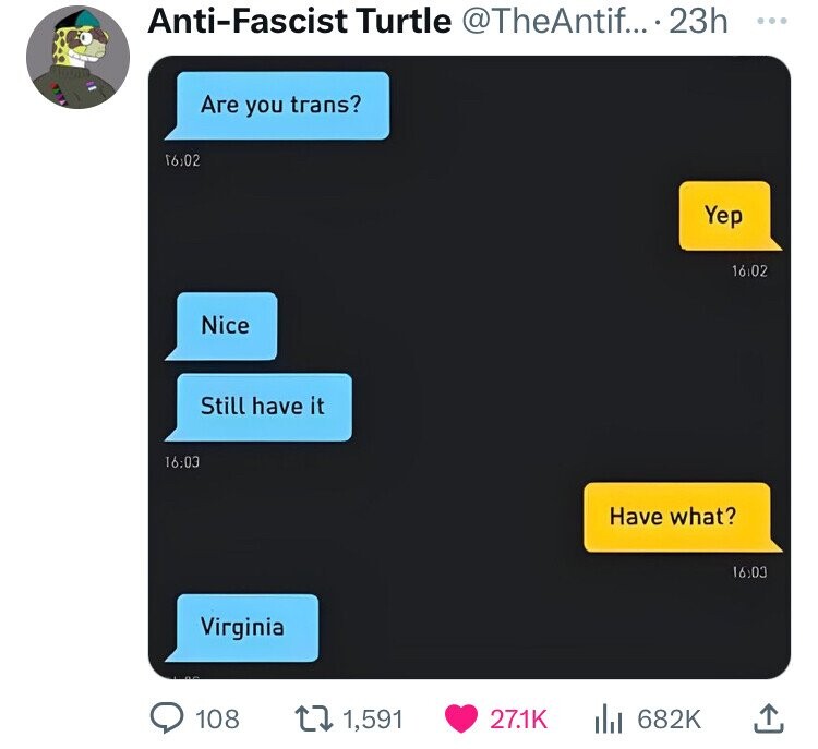 screenshot - AntiFascist Turtle .... 23h Are you trans? Nice Still have it Virginia Yep Have what? 108 1,591 Ill