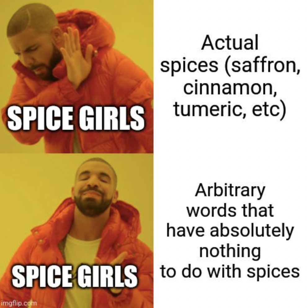 photo caption - Actual spices saffron, cinnamon, Spice Girls tumeric, etc Arbitrary words that have absolutely nothing Spice Girls to do with spices imgflip.com