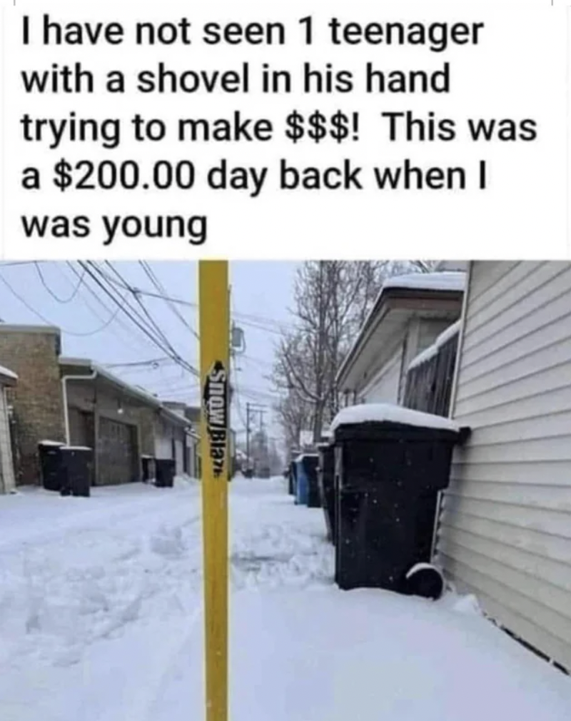 snow - I have not seen 1 teenager with a shovel in his hand trying to make $$$! This was a $200.00 day back when I was young Snow Bla