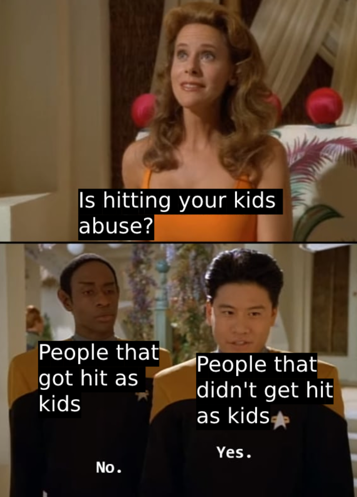 photo caption - Is hitting your kids abuse? People that got hit as kids People that didn't get hit as kids No. Yes.