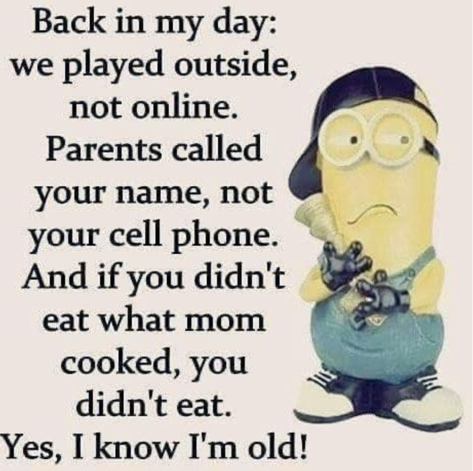 cartoon - Back in my day we played outside, not online. Parents called your name, not your cell phone. And if you didn't eat what mom cooked, you didn't eat. Yes, I know I'm old!